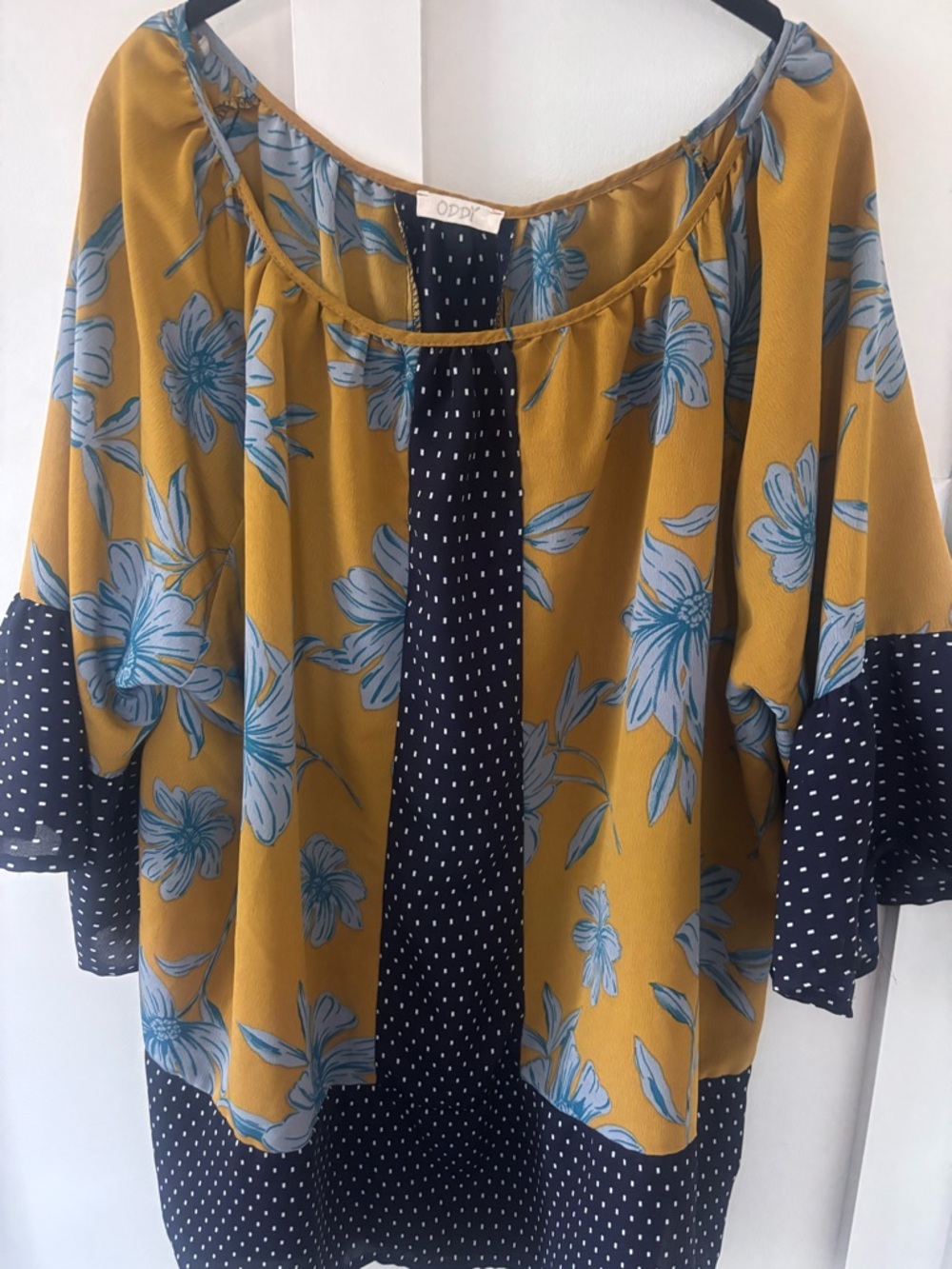 Boutique Mixed-Print Floral Tunic 🌼 Mustard & Navy | ODDY 1XL NWOT Boho Chic - Picture 2 of 5